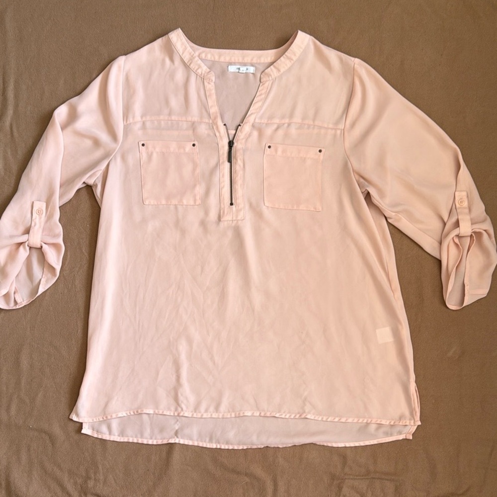 Maurices Pink Relaxed Blouse with 3/4 Sleeves and Mandarin Collar